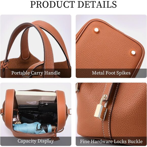 Elegant Women's Leather Bucket Bag - Versatile Travel Purse with Lock Closure - Picture 5 of 7